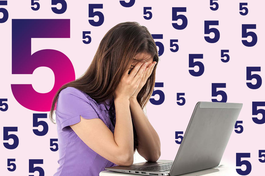 Graphic showing repeated number 5 with dark blue and pink gradient in background with woman covering her face in front of laptop