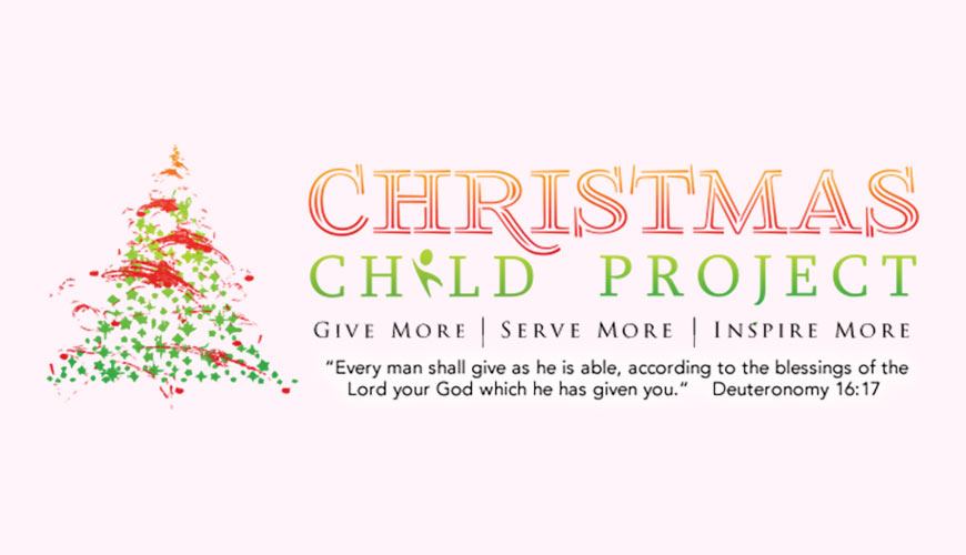 Graphic showing Christmas Child Project logo with Christmas tree illustration to left on light pink background