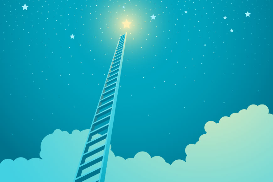 Blue illustration of a ladder reaching to the stars