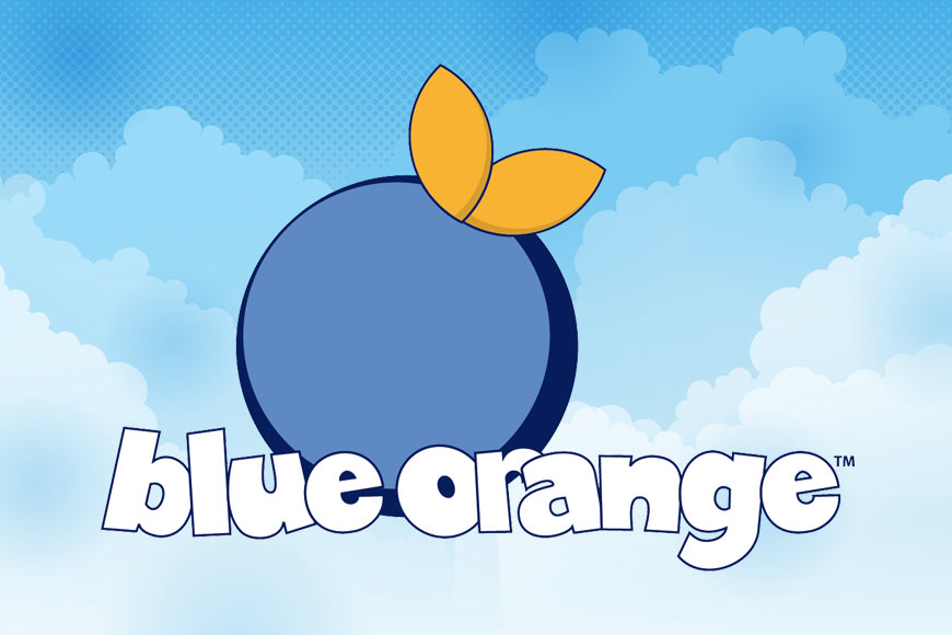Graphic showing Blue Orange logo on illustrated cloud background