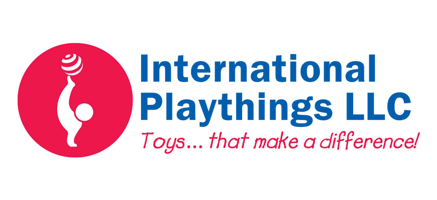International Playthings Logo - Blue sans-serif type with red handwritten type below and icon to left