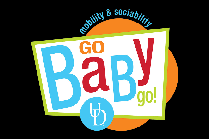 Go Baby Go Logo - Blue, red, orange, and green sans-serif type with white backing over black background