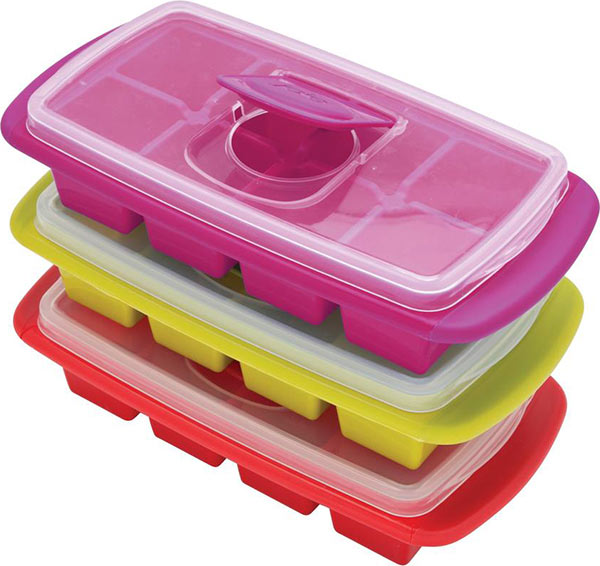 Photo of pink, yellow, and red ice cube trays