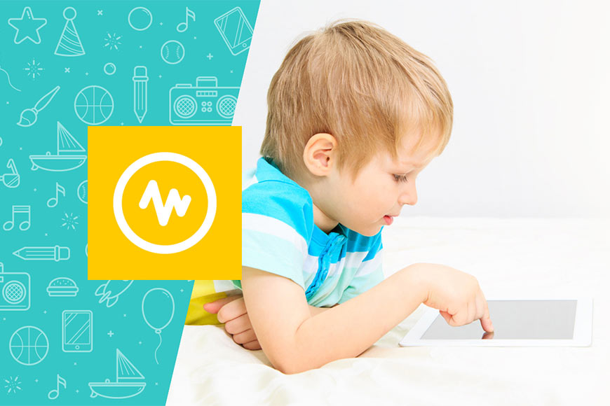 Graphic showing little boy using a tablet with Mercury Active logo in yellow to left over turquoise background with learning icons in white