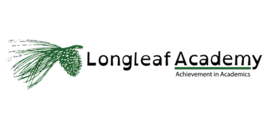 Longleaf Academy logo - Black sans-serif type with pine branch illustration to left