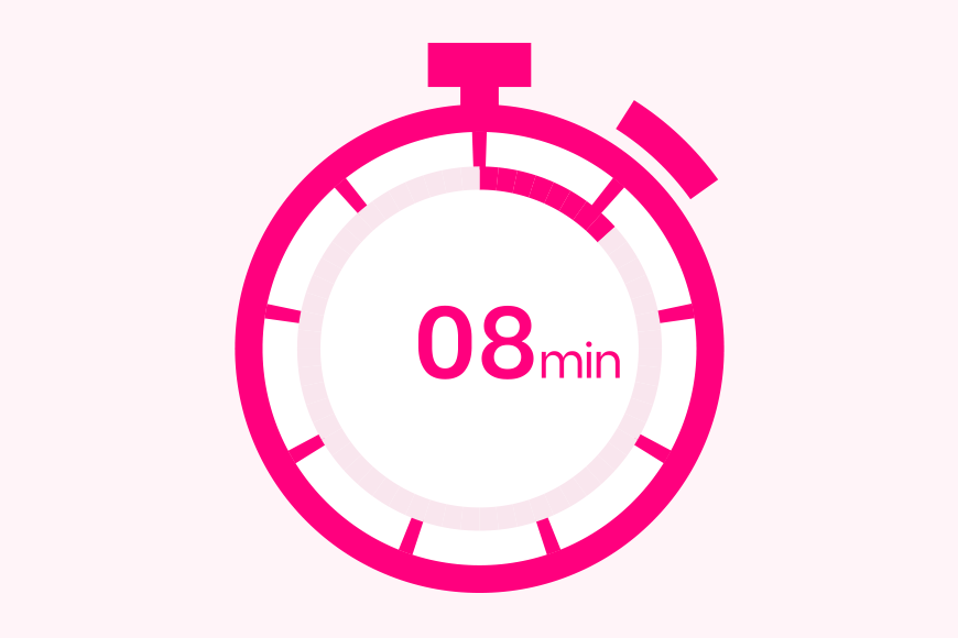 Pink icon of a stopwatch with 8 minutes on the screen