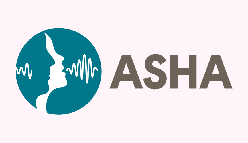 ASHA Logo - Gray sans-serif type with teal circle with people talking icon inside to left