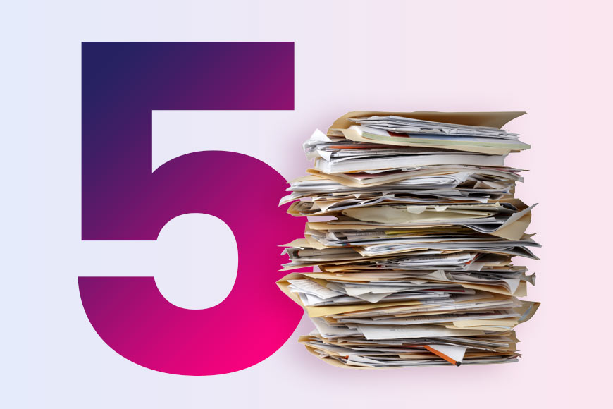 Graphic showing number 5 with dark blue and pink gradient with stack of documents in front on light link background