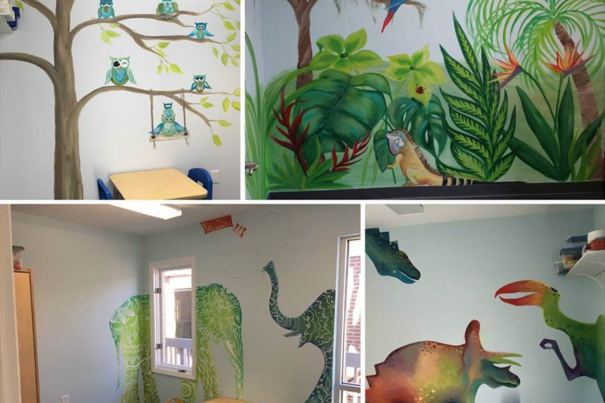 Photo collage of Southern Pines therapy area wall murals