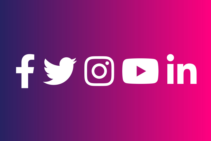 Graphic showing blue and pink gradient with white overlaying social icons