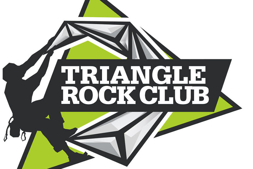 Triangle Rock Club Logo - White Serif Type Inside Black Box With Illustration Of Man Climbing