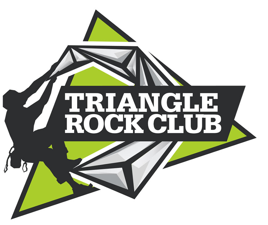 Triangle Rock Club Logo - White serif type inside black box with illustration of man climbing